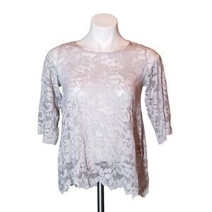 Sympli Womens Lace Top Floral Sheer 3/4 Sleeve Floral Gray Blouse Top Size 4